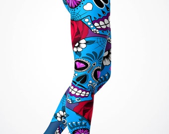 Blue Candy sugar skull leggings Yoga Leggings/ Yoga pants