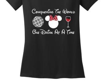 COnquering The World One Drink at a Time EPCOT food and wine drink around the world Minnie ears shirt misses and plus sizes ladies tee