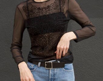 90s Vintage Sisley Black Mesh Velvet Sheer Top S/M