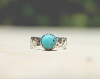 turquoise ring, silver hammered ring, blue statement ring, hammered silver ring, wide silver band, natural blue ring, bohemian ring, :)