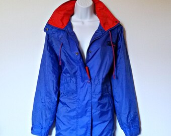 Vintage Windbreaker Coat 80s Hooded - One Size, Large Jacket Blue, Joie de Vivre, Waterproof Water Proof, Resistant Lightweight, Nylon Long