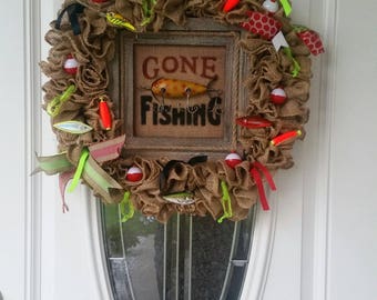 Gone Fishing Man Cave Wreath Door Hanger Burlap