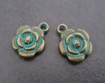 6 charms blue patina antique bronze flower 12 mm