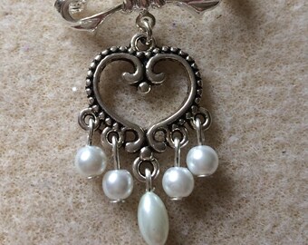 Silver heart and pearl drop brooch handmade