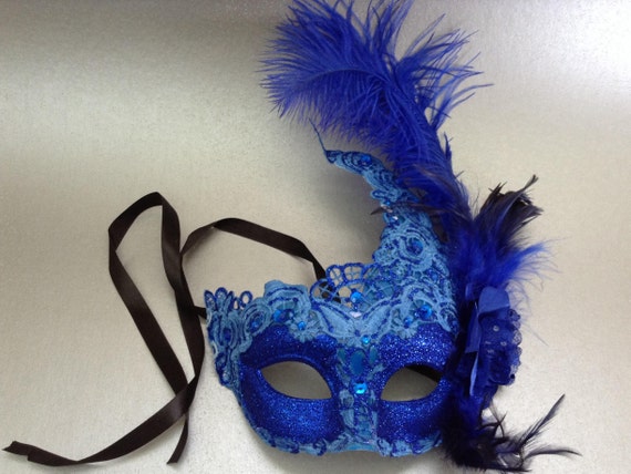 Blue Lace masquerade mask with peacock and ostrich feather