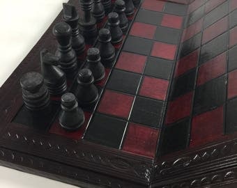 African Chess Set Wood Carved Pieces Leather and Wood Folding Board