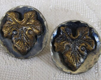 Set of 2 ANTIQUE Grape Leaf in Blue Tint Metal BUTTONS