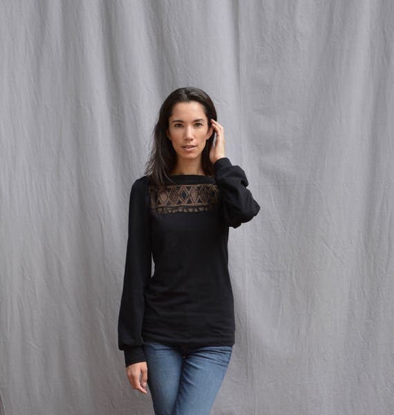 Women's Black Top, Cotton Jersey, Long Sleeve, Lace Detail, Geometric, Puff Sleeve- Made to order