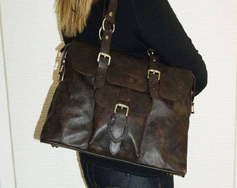 Distressed Genuine Leather Bag, Handbag, Tote, Shoulder Cross-body Purse Johanna L in vintage dark brown