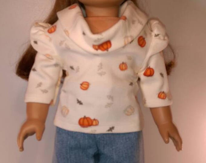 Fall pumpkin print Cowl neck top and jeans fit 18 inch dolls