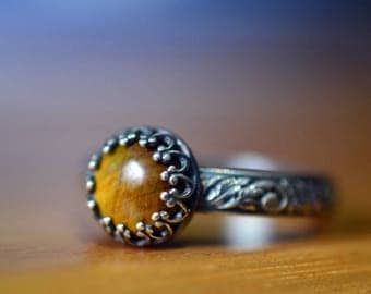 8mm Tigers Eye Ring, Custom Engraved Antiqued Silver Renaissance Style Ornate Leafy Band, Women's Natural Golden Gemstone Jewelry