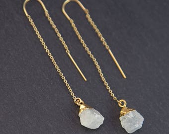 Moonstone Drop Earring, Minimalist Threader Earrings, Bridesmaid Gift, June Birthstone Ear Threaders, Raw Crystal Earrings, Modern Bridal