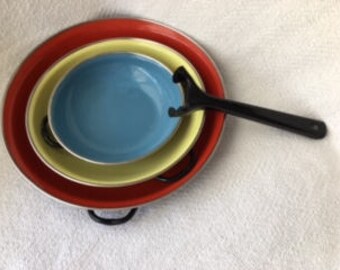 Enamel Paella Pans Red, Yellow, Blue Retro 60's Yugoslavia