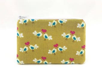 Lovebirds Coin Purse, Mustard Zipper Pouch, Card Pouch, Zipper Wallet, Padded Pouch, Gift ideas, Gift for her