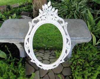 Large Vintage Ornate White Wall Mirror 29 x 17"~1965 Mid Century Syroco Shabby Chic Mirror Flowers Victorian Bathroom Nursery Bedroom Mirror