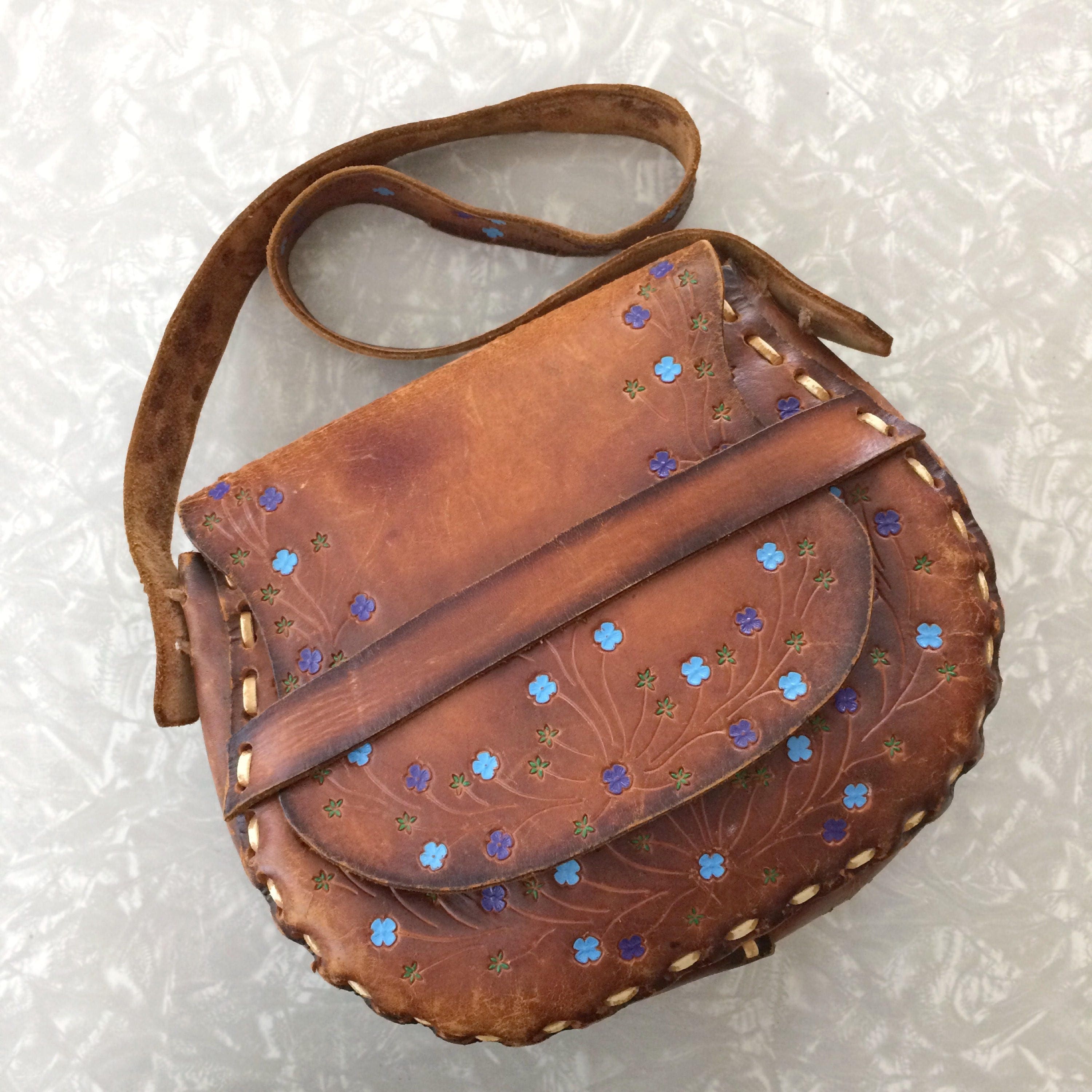 Brown Leather Saddle Bag Vintage 60s Boho Purse