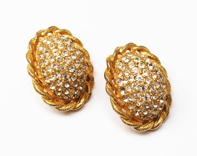 Bellini crystal Earrings - clear rhinestone - Oval - Gold - Clip on earrings