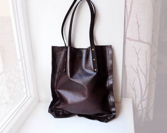 Leather tote bag, Dark burgundy and black tote bag