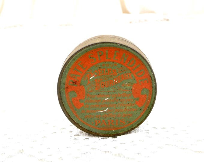 Antique French Metal Tin with Belle Epoque Graphics in Orange and Green Range Paste "Pate Splendide" from Paris, Polish Box from France