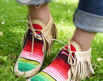 Beige Leather Serape Moccasins, Womens Moccasins, Beige Serape Boots, Beige Leather Boots, Mens Moccasins, Beige Womens Boots, Hippie Boots