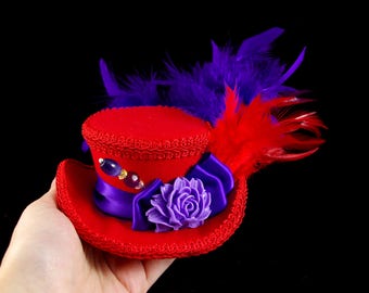 Red and Purple Red Hat Society Themed Mini Victorian Riding Hat Fascinator, Marie Antoinette, Alice in Wonderland Mad Hatter Tea Party