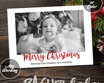 Christmas Card with photo, Black and White with red Merry Christmas, Printable
