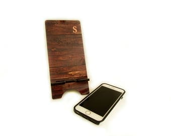 Monogrammed Smart Phone Stand - Cell Phone Charging Station - Brown Wood Print - Smartphone Stand - iPhone 6 Stand - Rustic Home Decor