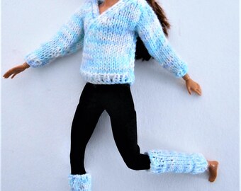 Barbie clothes, Barbie Yoga, Gym, Dance wear, crossover sweater, leg warmers, headband. Fits standard size and Made to Move Barbie.