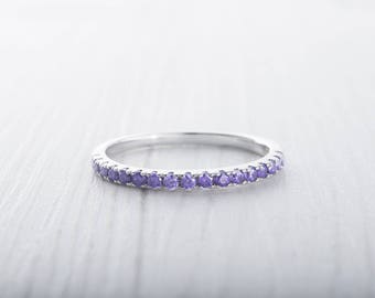 1.8mm wide Amethyst Gemstone Half Eternity ring - stacking ring - wedding band in white gold or Silver