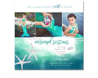 INSTANT DOWNLOAD, Mermaid Mini Session Photography Template, Marketing, Children, Watercolor, Simple, Elegant, Summer, Beach, Sea, Ocean