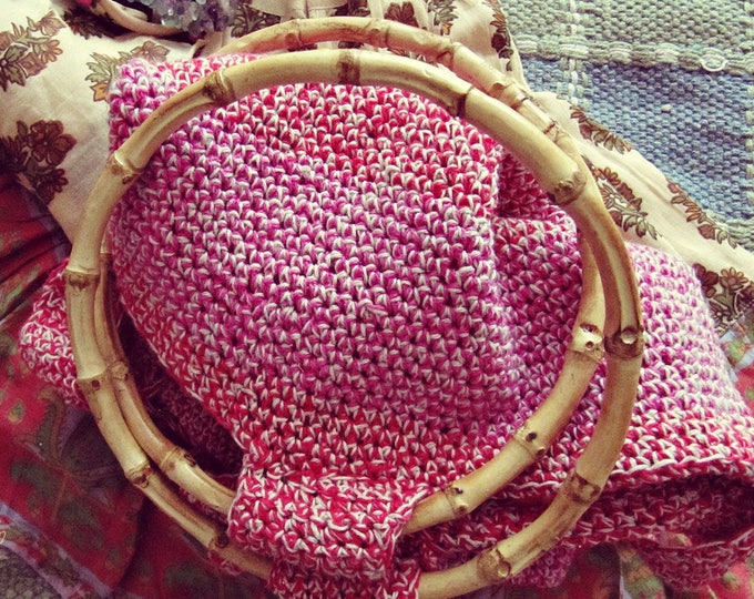 Bamboo Handles Boho Bag - Medium Shoulder Hobo Bag - Pink and Red - Linen Tote - Bohemian Beach Bag - Gypsy Colorful Bag - Ready to Ship