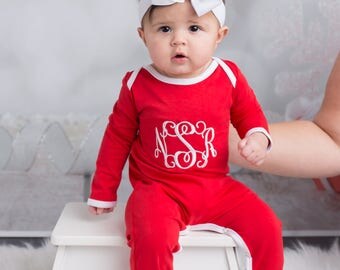 Ruffled Christmas Pajamas - Girls Christmas Pajamas - Ruffled Bottoms - Red And White - Personalized Christmas Pajamas - Monogrammed