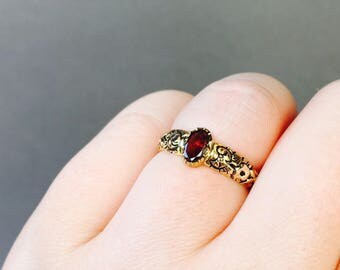 GEORGIAN garnet antique engagement ring, conversion collet set gemstone promise ring unique engagement ring yellow gold engraved shank