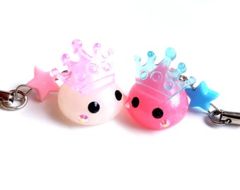 Kawaii Squishies, Pink and White Hoppe Chan Royal Crown, Pastel Star Cute Phone Charm, Harajuku, Sweet Lolita, Tamagotchi, Bridal Shower,
