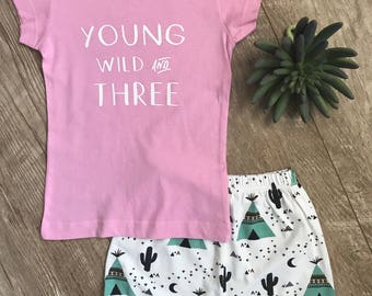 Girls Young Wild and Three Shirt • 3rd Birthday • Three-Year-Old T-Shirt • Third Birthday Outfit • Toddler Birthday Shirt • Harem Shorts