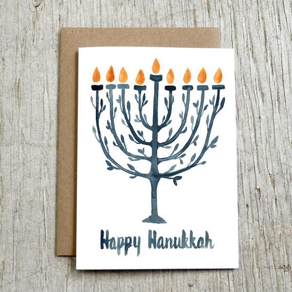 Blue Menorah Hanukkah Card Watercolor Greeting Card by Little