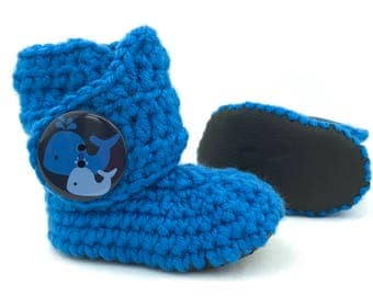 Whale Baby Clothes, Nautical Royal Blue Newborn Boots, Black Leather Soft Sole Infant Booties, Handmade Navy Crib Shoe, Cobalt Shoes for Boy