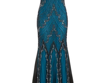 Evelyn Blue Beaded Flapper Dress, 1920s Great Gatsby Dress, Downton Abbey, Blue Formal Wedding Maxi, Sequin Evening Gown, Plus Size, S-XXXL