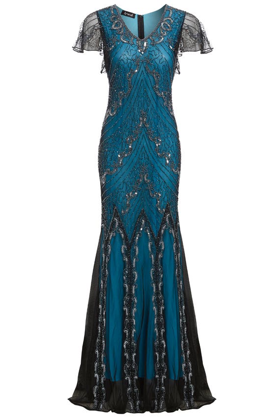 Evelyn Blue Beaded Flapper Dress 1920s Great Gatsby Dress