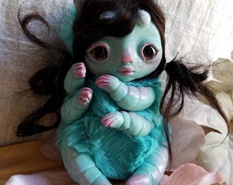 messy hair caterpillar girl- blue caterpillar doll, art doll, ooak bug girl doll, strange doll, fairy doll, fae