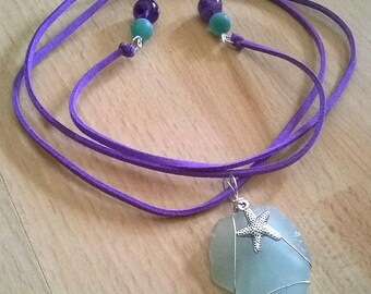 Wire Wrapped Sea Glass necklace (Open Tie)