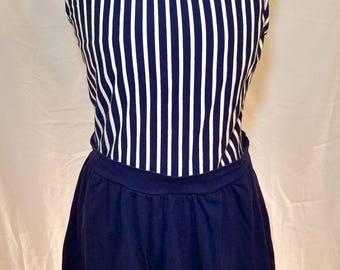 80s nautical jantzen swimsuit romper one piece blue and white stripes shorts vintage retro