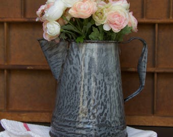 Vintage Gray Speckled Enamelware Coffee Pot Flower Vase Pitcher
