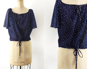Vintage 1970s Navy Blue Polka Dot Blouse Tie Waist Shirt Tie Waist Top Navy Crop Top Polka Dot Crop Top Flutter Sleeve Small Medium Large XL