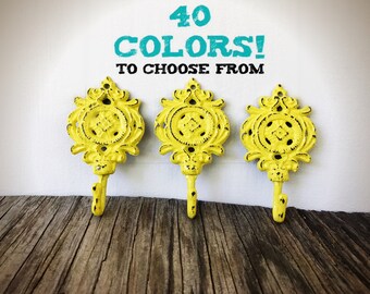 Custom Set of 3 Ornate Medallion Wall Hooks / Yellow Modern Farmhouse Style Towel Hooks Coat Hooks / Christmas Gift For Her Housewarming