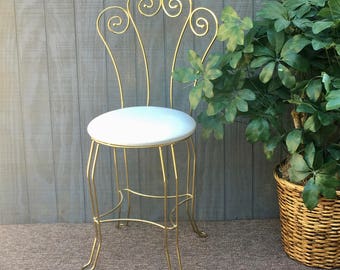 Vintage Gold Metal Vanity Stool, Hollywood Regency Gold and White Vanity Chair