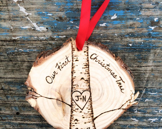 Our First Christmas Tree wood burned ornament wood slice