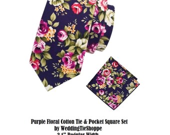 Purple Pink Tie Wedding Tie Floral Tie Pocket Square Cotton Flower Groomsman Wedding Necktie Regular 3.1 Inch Groomsmen Pretied Bowtie