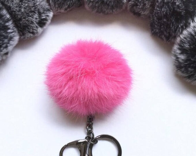 Gun Metal series Rabbit fur pom pom ball with elongated gunmetal keychain in hot pink