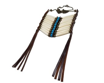 Handmade White 10 Row Buffalo Bone Hairpipe Beads Tribal Breastplate Necklace
